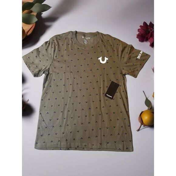 True Religion Olive Green Horseshoe Print T-Shirt‎ Designer Casual Streetwear XL - Picture 1 of 13
